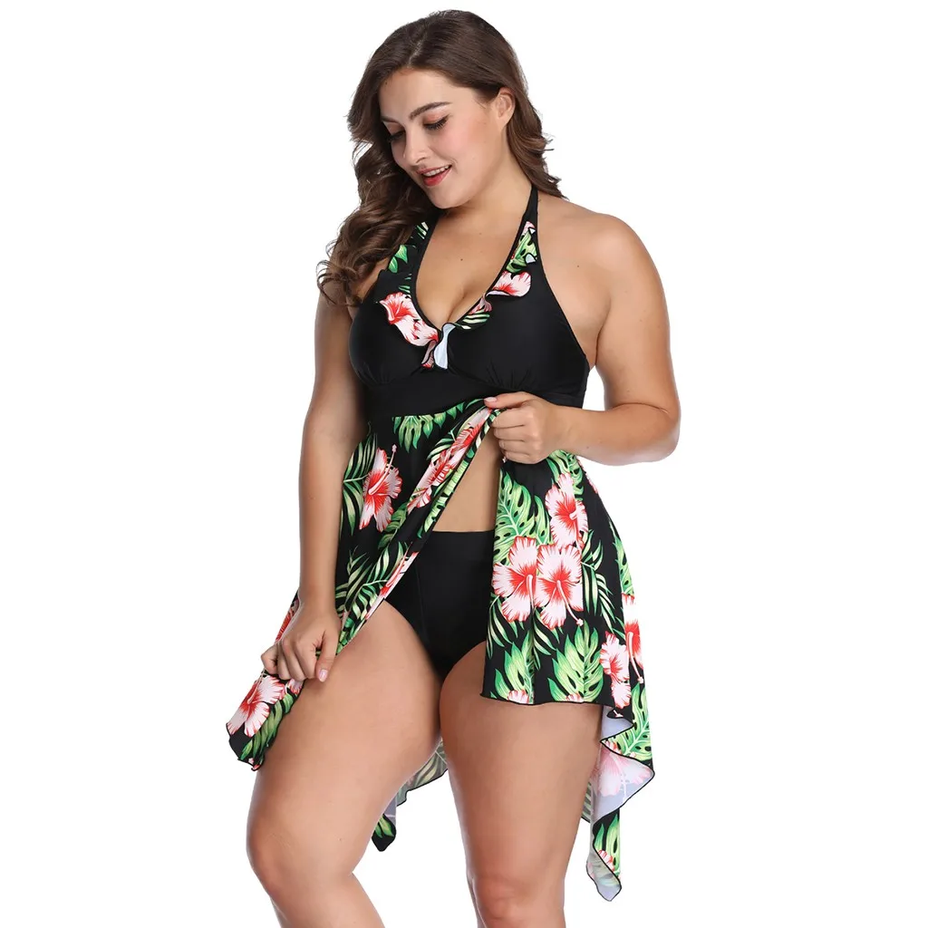 

Plus Size Swim wear Women Swimsuit Skirt 2019 Vintage Print Split Bathing Suit Monokini tankini maillots de bain femmes