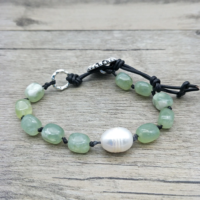 

Shuangsheng Natural Green Stone Pearl Knotted Bracelet Handmade High Jewelry Bohemian Leather Bracelet for Women's Gifts