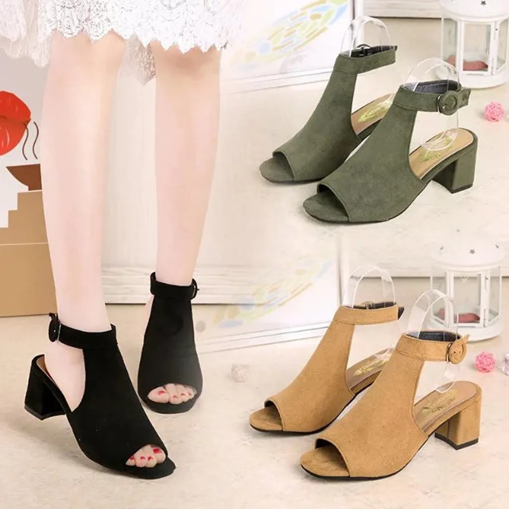

2019 Woman Wedge Buckles Fish Mouth Sandals Gladiator Women Sandals Square Heel Sandals Ladies Summer Suede Women Shoes