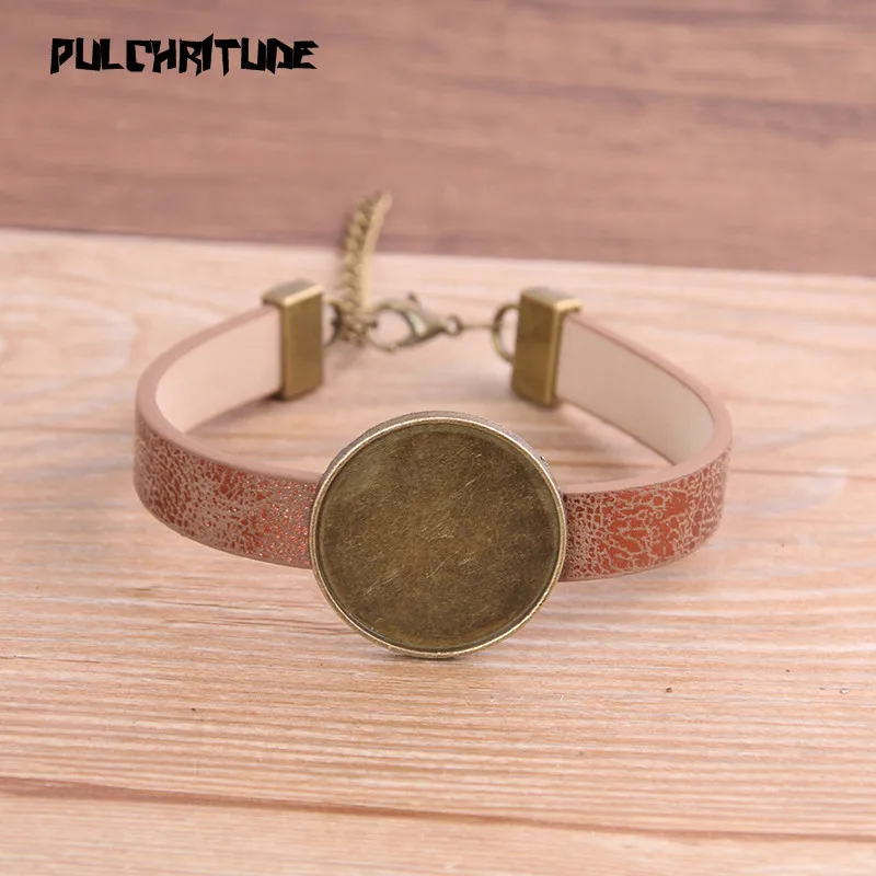 

1pcs 6Color Pattern PU Bracelet Bronze Round Base Setting Cuff Blank Trays Brazel Fit 25mm Glass Cameo Dome Cabochon DIY Jewelry