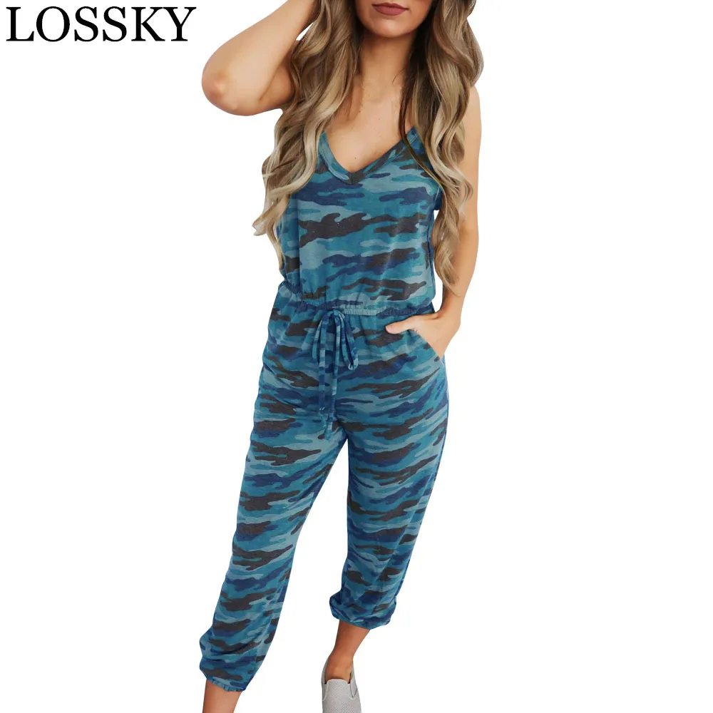 Najtaniej Kamuflaż drukuj kombinezon z ramiączkami na co dzień V sznurowany dekolt damska letnia, z kieszenią kombinezony bez rękawów spodnie Camo kombinezony pajacyki