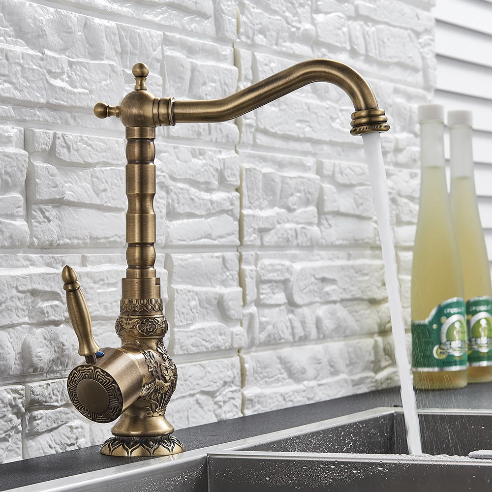 

European Style Kitchen Faucet Antique Brass Carved Flower Art 360 Degree Swivel Cold and Hot Water Mixe Tap