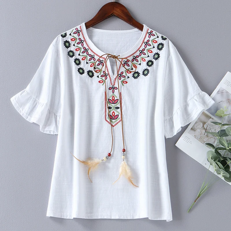 Summer Female Floral Embroidery Blouse Shirt Feathers Short Petal ...