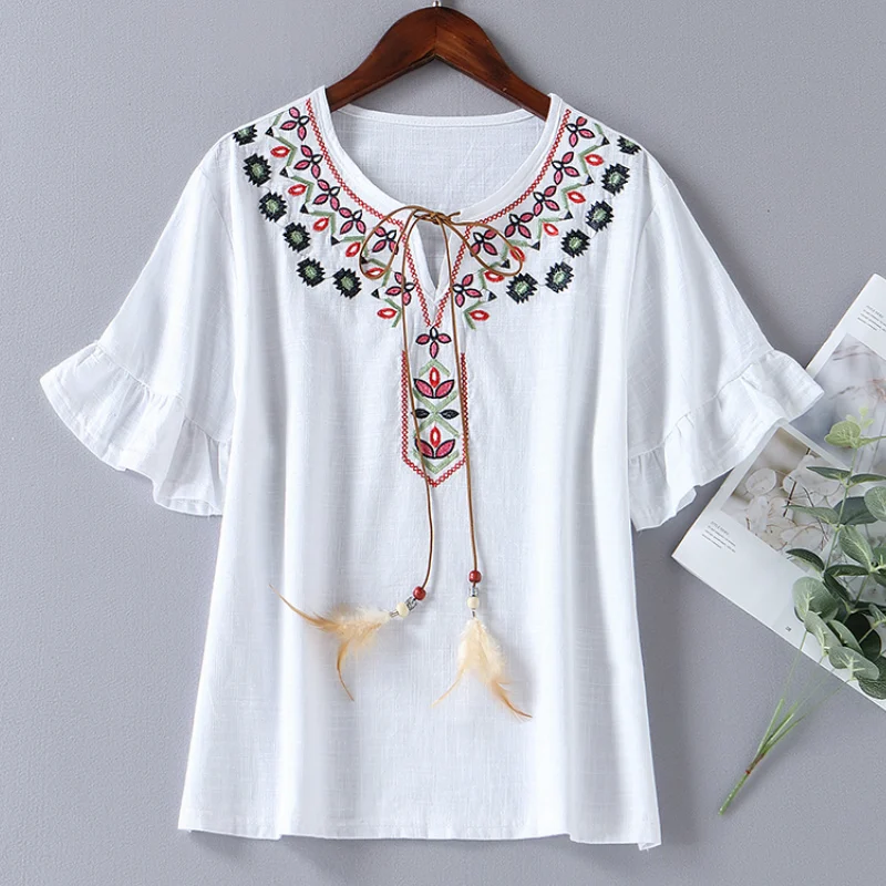 Summer Female Floral Embroidery Blouse Shirt Feathers Short Petal