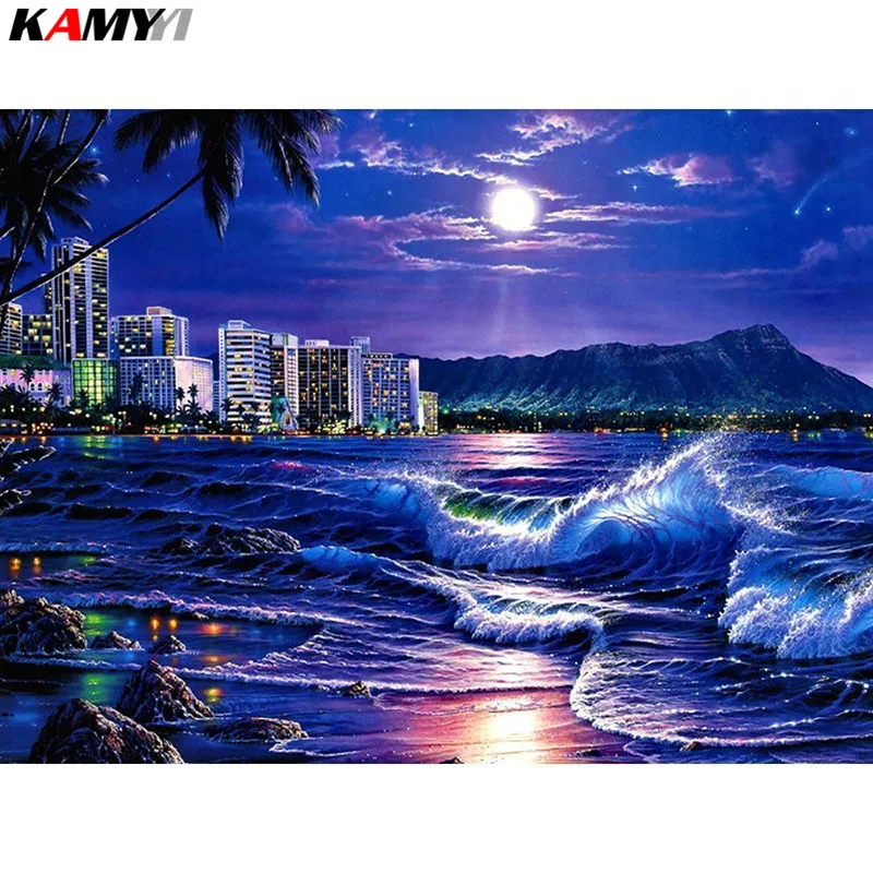 

Diamond Embroidery Landscape Full Square/round Diamond Painting Sea Moon Sticker Picture Of Rhinestone Mosaic Kit Decor Home