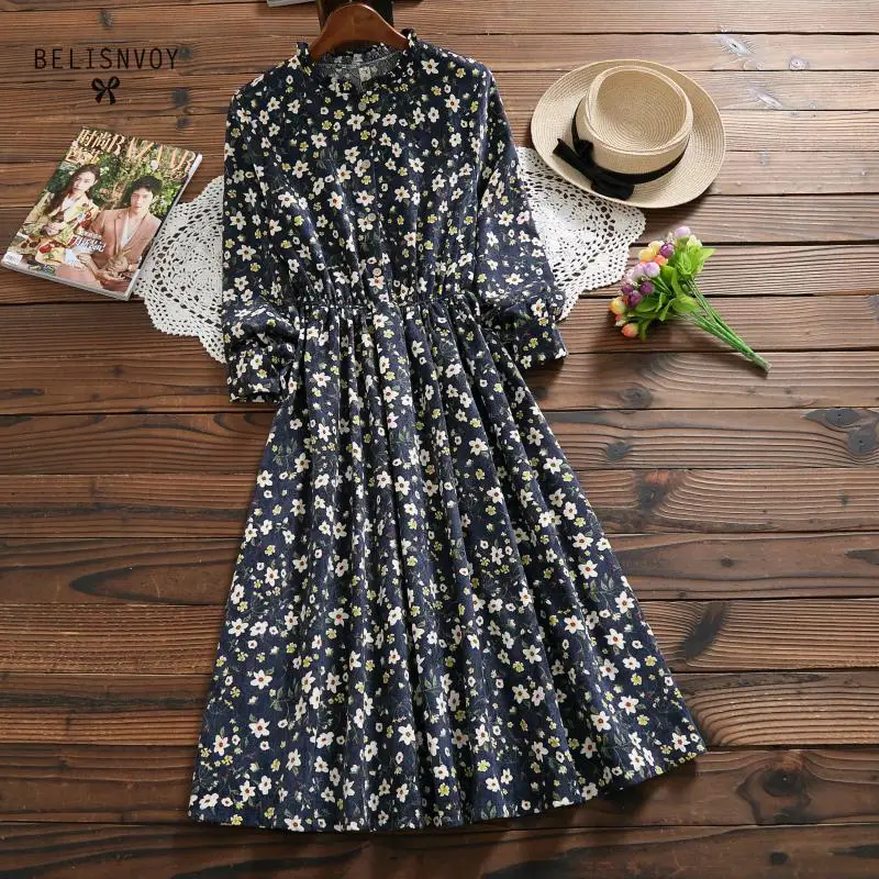 

Spring Autumn Women Elegant Floral Printed Midi Dress Ruffled Navy Vintage Femme Vestidos Long Sleeve Corduroy Ladies Dress
