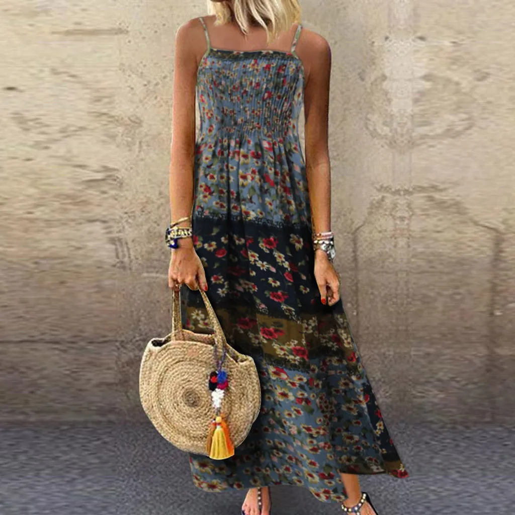 

CHOSEN1 Bohemian Women Floral Printed Dress 2019 Summer Sexy Sleeveless Party Long Shirt Dress Femme Casual Vestidos Plus Size