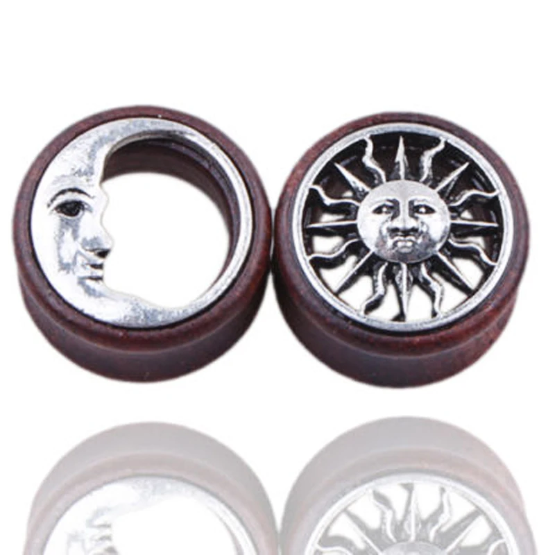 1Pair Sun Moon Ear Plugs Wooden Double Flared Saddle Flesh Tunnel Gauges Ear Piercing Expander Unisex Body Jewelry 8-20mm