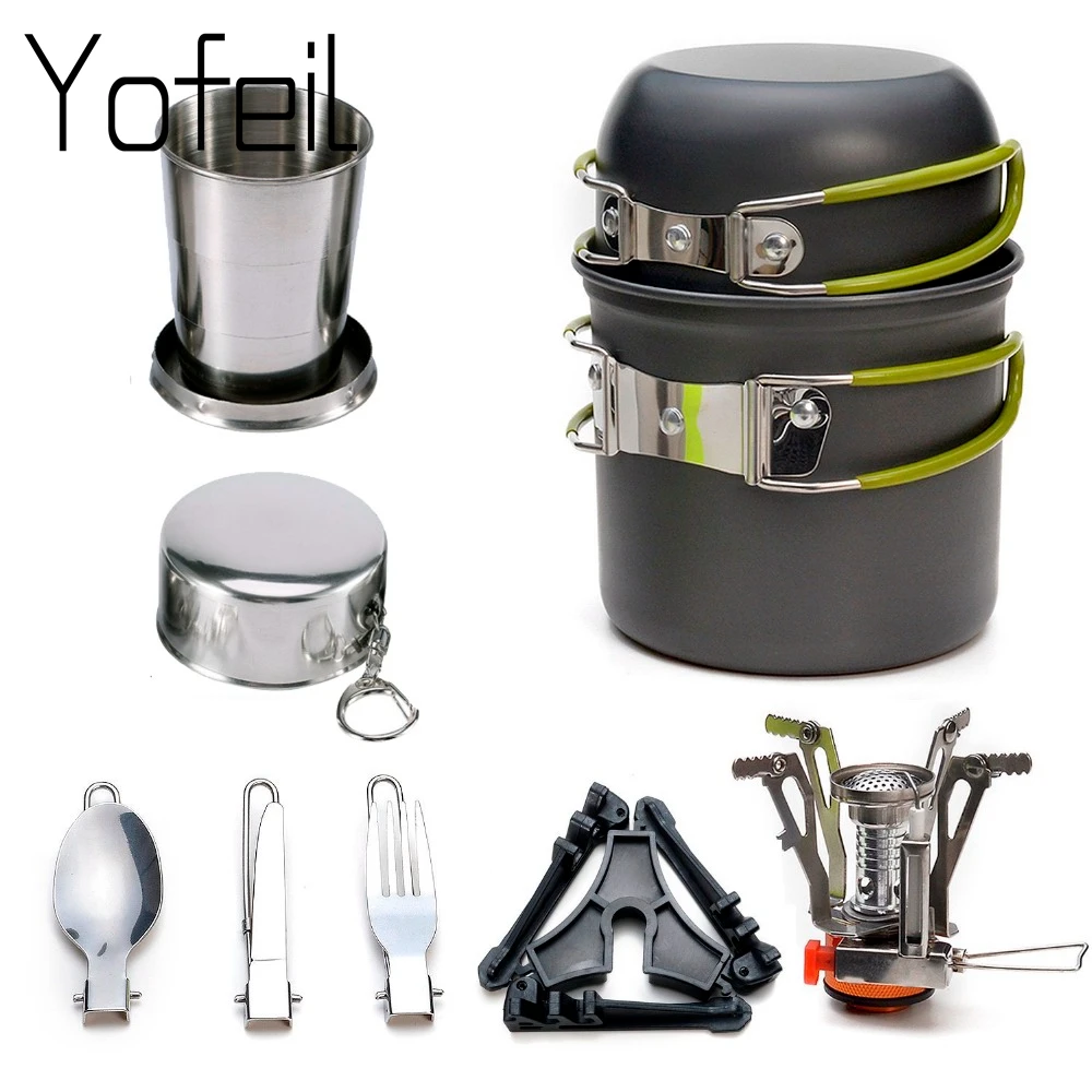 1 Unidades de utensilios de cocina olla juegos Mini estufa de Gas con soporte tenedor cuchara cuchillo utensilios al aire libre vajilla cena Picnic vajilla