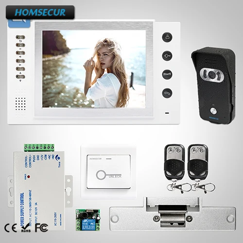 HOMSECUR 8" Video Door Phone Intercom System Electric Strike Lock Set Included: TC021-B Camera(Black)+TM801R-W Monitor(White)