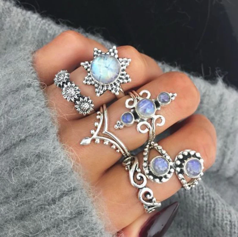 

6pcs/set Bohemian Vintage Flower Crystal Ring Set For Women Hollow Lotus Gem Silver Rings Female Wedding Anniversary Gift