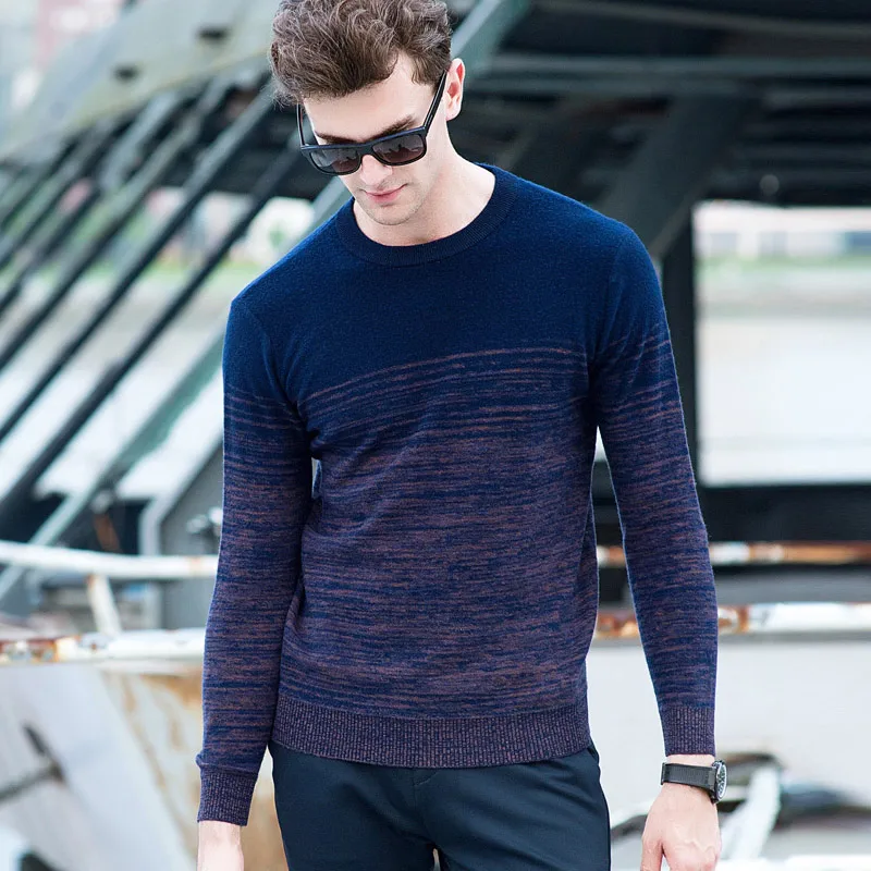 Мужские повседневные свитера с градиентом, модный вязаный свитер с круглым вырезом, мужской шерстяной пуловер для мужчин, толстый теплый зимний свитер - Цвет: Dark Blue