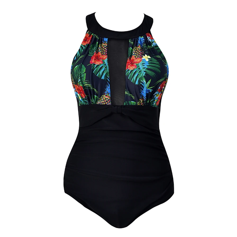 Sexy Fashion Print Bathing Beach Hollow High Neck Bikini Women Swimsuit Push Up Padded Mesh Ruched Backless Summer | Спорт и