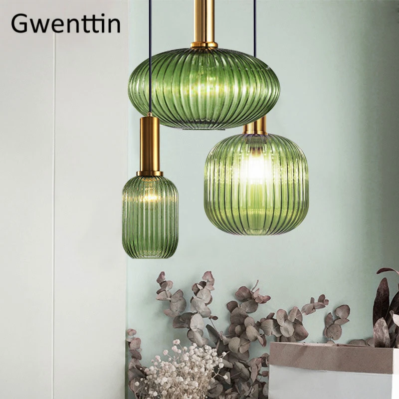 Modern Stained Glass Pendant Light Fixtures Led Gold Hanging Lamp for