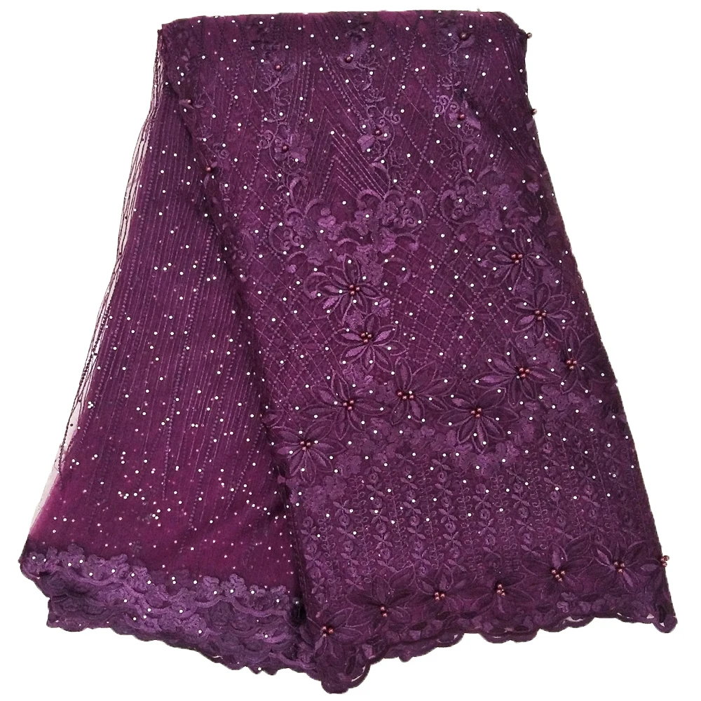 

Fancy embroidered African french lace fabric with stone polyester lace fabrics with beads