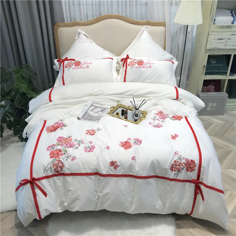

Luxury Egypt Cotton Flower cluster Bedding Set Embroidery Bowknot Duvet Cover Sets Bed Sheet Pillowcases Queen King size 4Pcs