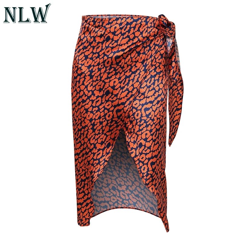 NLW юбка с высокой талией и бантом, Женская леопардовая расцветка, сексуальные юбки миди, высокая мода, зима осень, юбка, 3 цвета размера плюс - Цвет: orange leopard