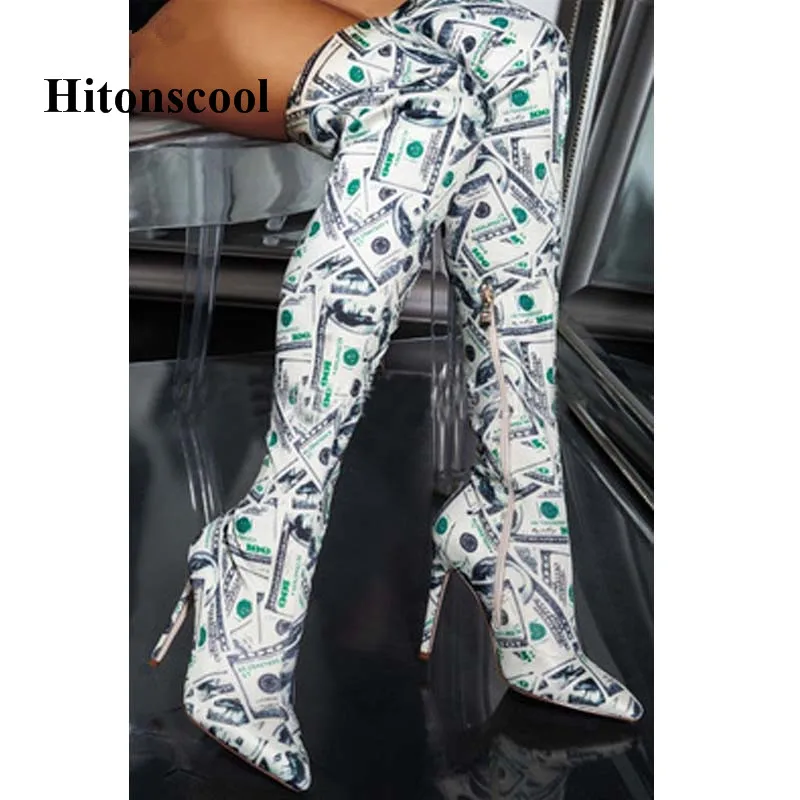 Dollar Prints Fashion Women Thigh High Boots Pointed Toe Back Zipper