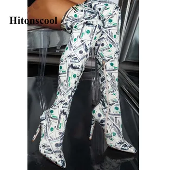

Dollar Prints Fashion Women Thigh High Boots Pointed Toe Back Zipper Ladies Shoes Sexy High Heels Woman Over The Knee Long Boot