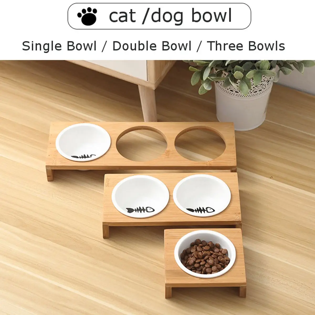 Кошка Собака миска-Кормушка для домашних животных Еда миска для воды 1/2/3 чаши Керамика посуда бамбуковая оправа противоскользящие домашних животных собака Кот кормушки
