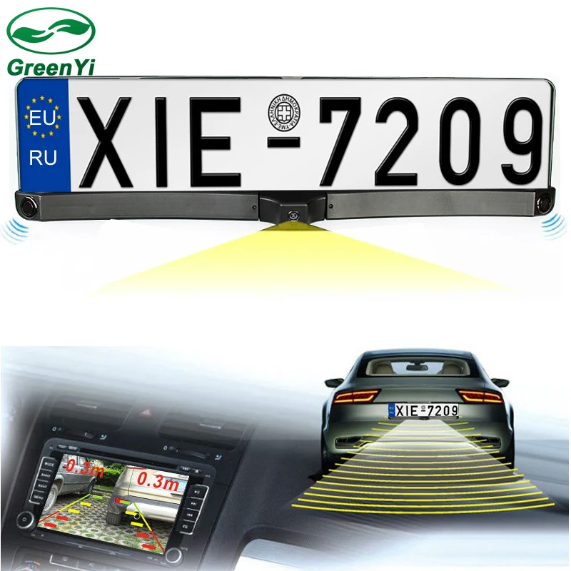 

GreenYi 3in1 Auto Video Parking Sensor with Rear View Camera European Russia License Plate Frame Backup Parking Camera