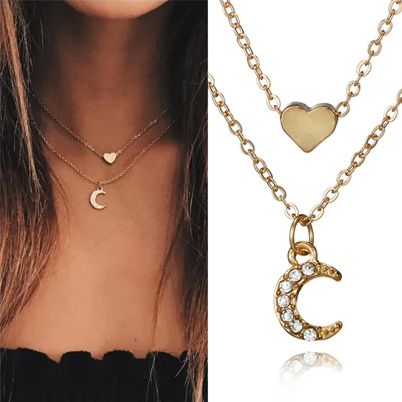 

Boho Multilayer Heart Moon Choker Pendant Necklace Bib Statement Chain Jewelry