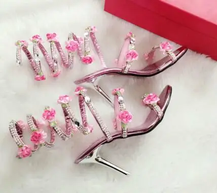 

Newest snake designs high heel sandal boots summer open toe cutouts gladiator sandal boots flower crystal embellished sandal