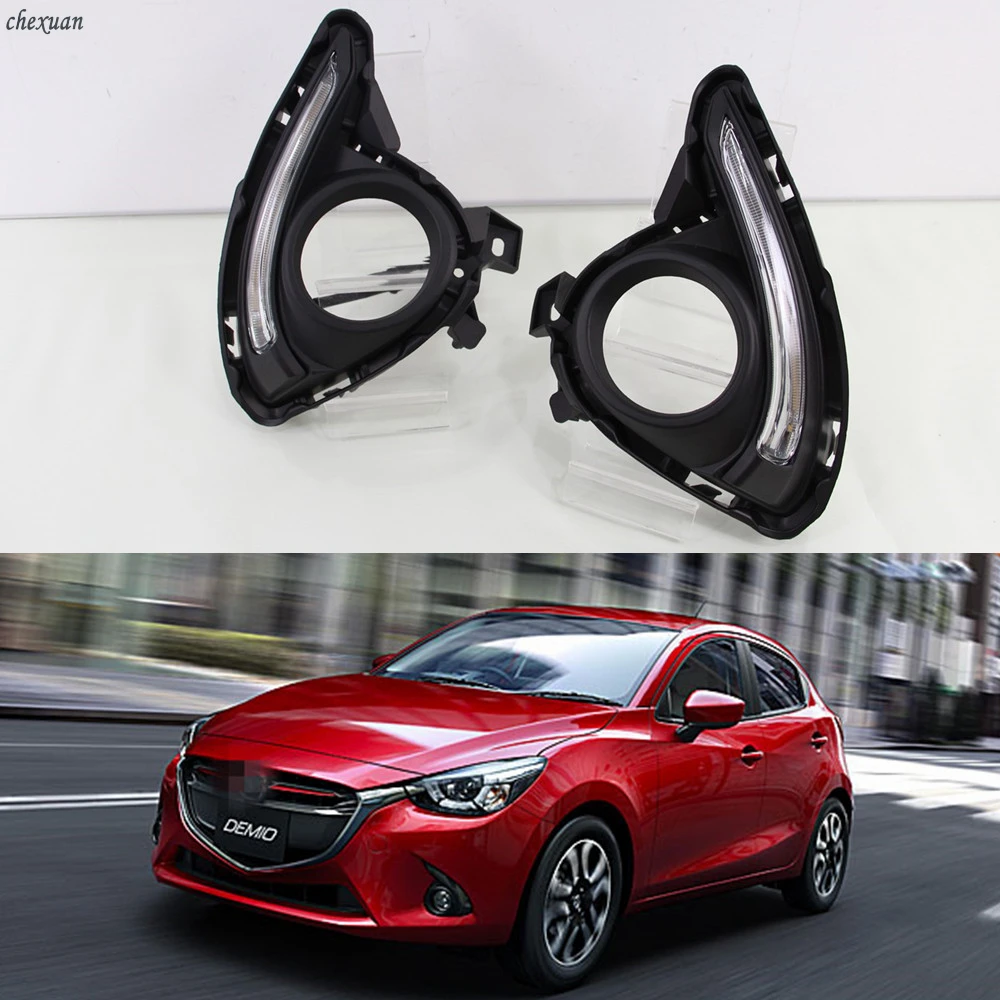 

CSCSNL 1 set LED DRL Daytime Running Lights fog lamp hole with yellow turnning signal lights For Mazda 2 Demio 2015 2016 2017