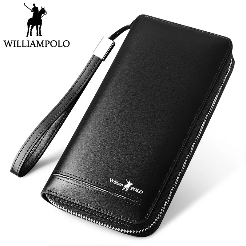 

WILLIAMPOLO Men Clutch Wallet Genuine Leather Card Holder Wallet With Hand Strap Zipper Wallet Clutch Bag Purse Luxury For Male