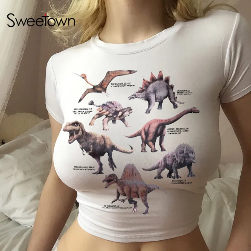 

Sweetown White Womens Tshirts Dinosaur Animal Print Graphic Tees Women Short Sleeve O-Neck Knitted Summer 2019 Vogue Tshirt