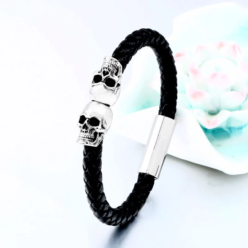 Steel Soldier Stainless Steel Punk Skull Leather Rope Bracelet Jewelry