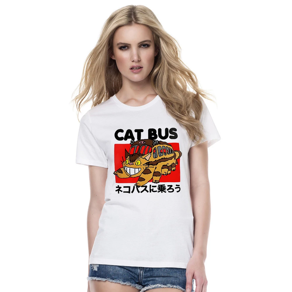

2018 Studio Ghibli Neighbour Totoro Ride The Cat Bus T Shirt Japanese Anime Women Cartoon T-Shirt Fashion Women Summer Cat Tees
