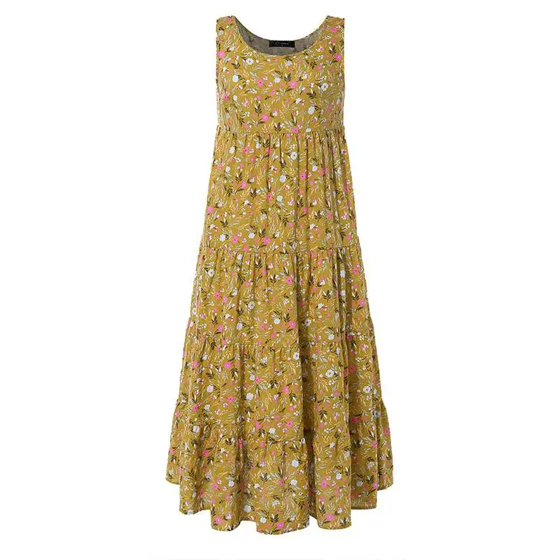 Богемный сарафан с цветочным принтом, женские платья без рукавов, летние пляжные платья, винтажные вечерние платья размера плюс - Цвет: Цвет: желтый