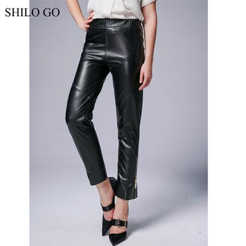 

SHILO GO Leather Pants Autumn Fashion sheepskin genuine leather Pants elastic high waist concise zipper leg straight pants