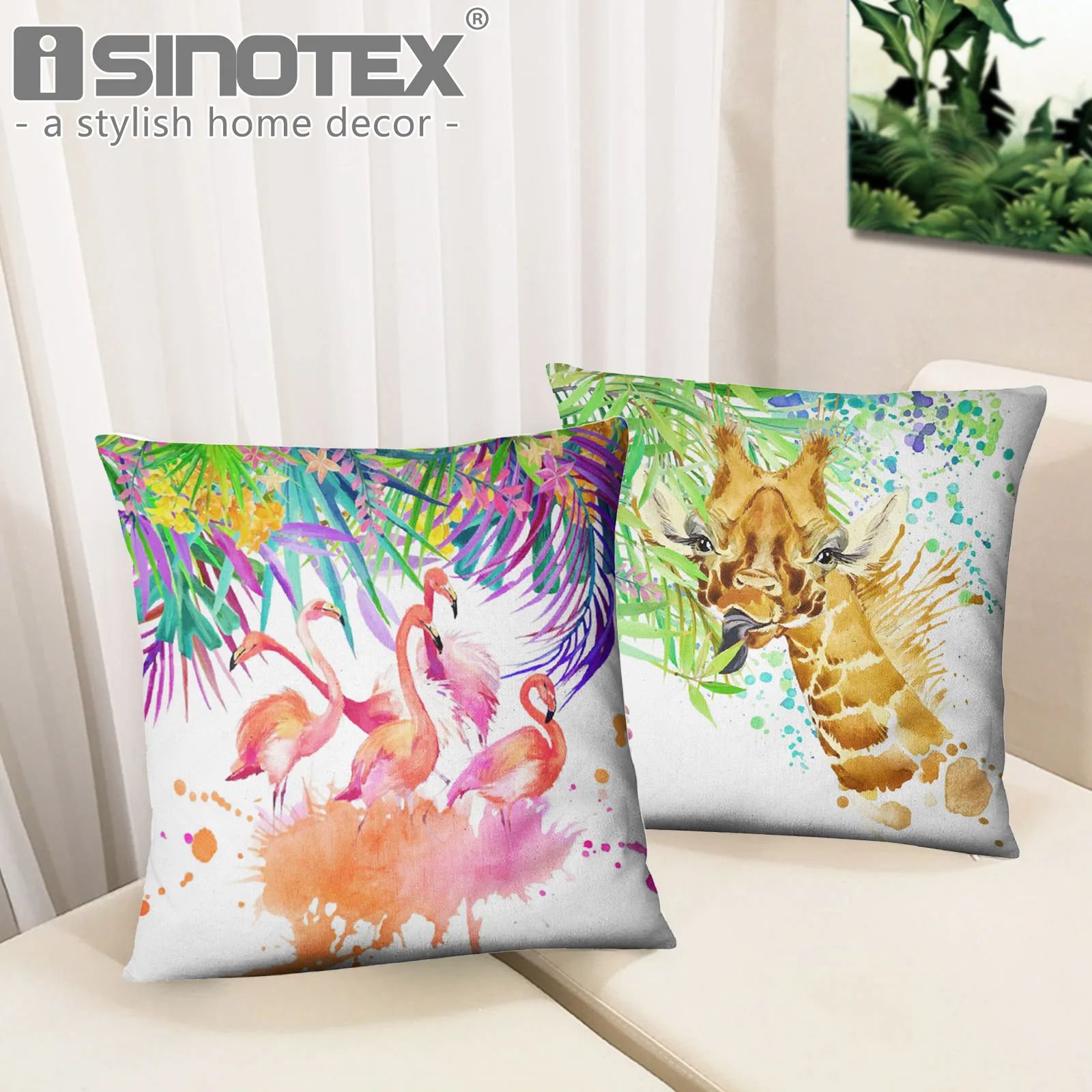Wild Animal Printed Cushion Cover Tropical Trees Decorative Throw
