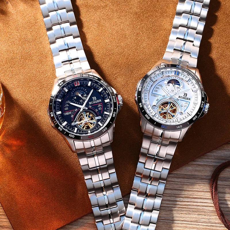 

Tourbillon Skeleton Watch BINGER Men Mechanical Wristwatch Automatic Military Sports Swim Watches Luminous relogio masculino