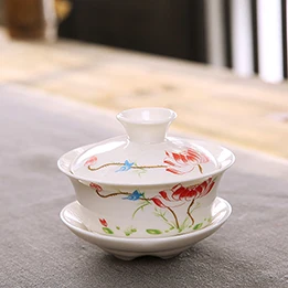 Китай Dehua ручная роспись три большие миски, celadon lotus три кунг-фу чашки, традиционный gaiwan чайный набор - Цвет: B