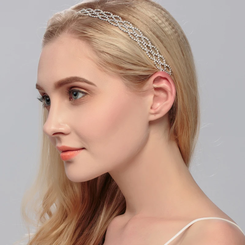 

2017 new clear crystal elastic dog chain elegant white bridal headbands trendy 4 layers wave glass stone hair bands