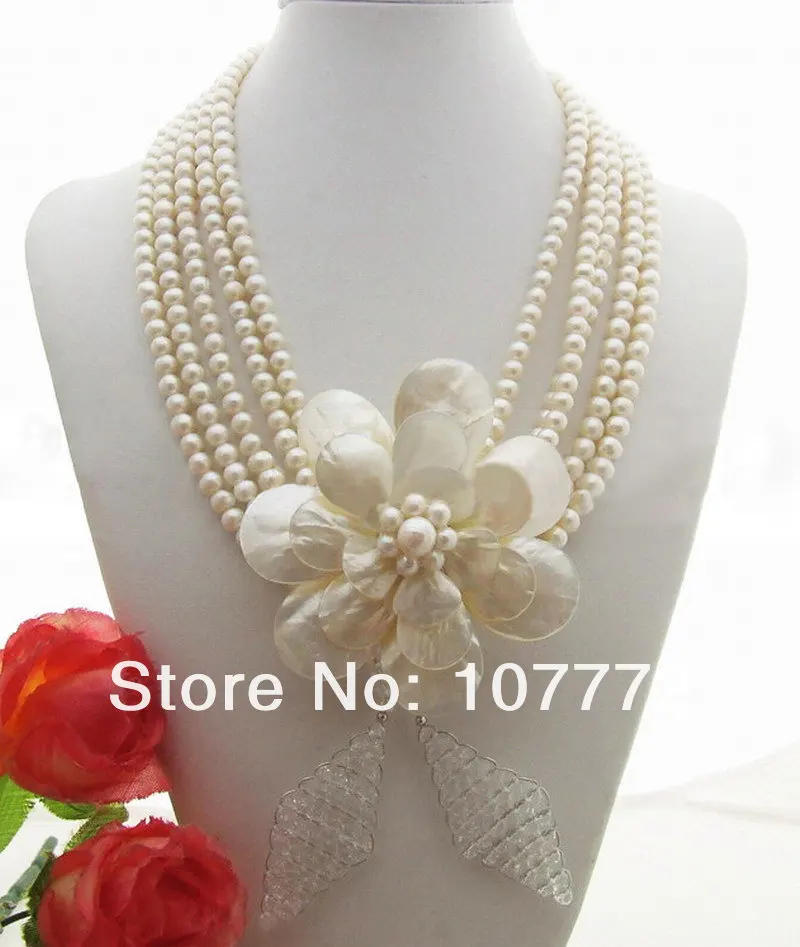 

5 strands White Pearl&Shell Flower&Crystal Necklace