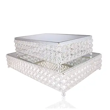 

H&D Set of 2 Bling Wedding Cake Stand Antique Metal Dessert Plate with Crystal Beads Home Wedding Party Decor Gifts (square set)