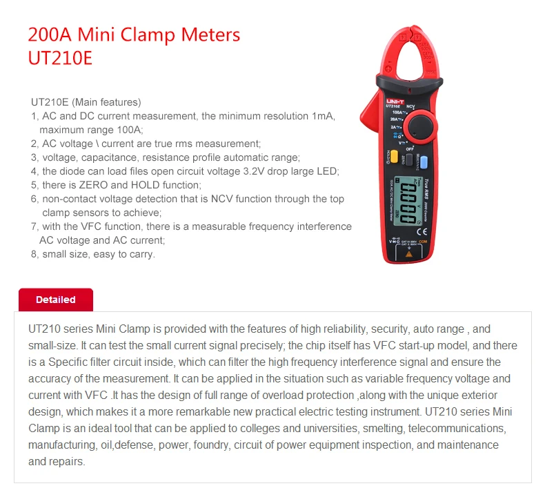 UNI-T UT210 серия True RMS цифровой клещи Мини AC/DC Ток Напряжение Авто Диапазон VFC емкость Бесконтактный мультиметр