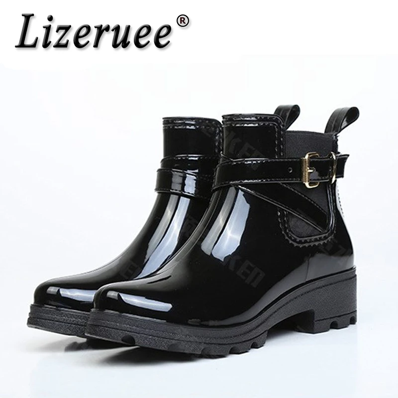 

Lizeruee New Rain Boots Warm Buckle Platform Slip On Pvc Waterproof Motorcycle Bowtie Ankle Flat With Woman Shoes CS272