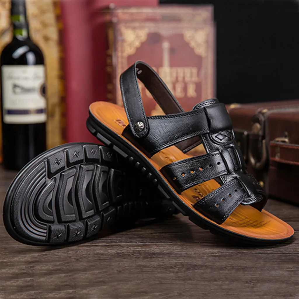 Сандалии мужские мужские модные дышащие кожаные пляжные сандалии обувь шлепанцы для улицы повседневная мужская обувь в римском стиле