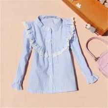 Г. Школьная одежда для маленьких девочек блузка для девочек-подростков осенние хлопковые кружевные топы в полоску с длинными рукавами, Детские рубашки От 2 до 16 лет, AA2472