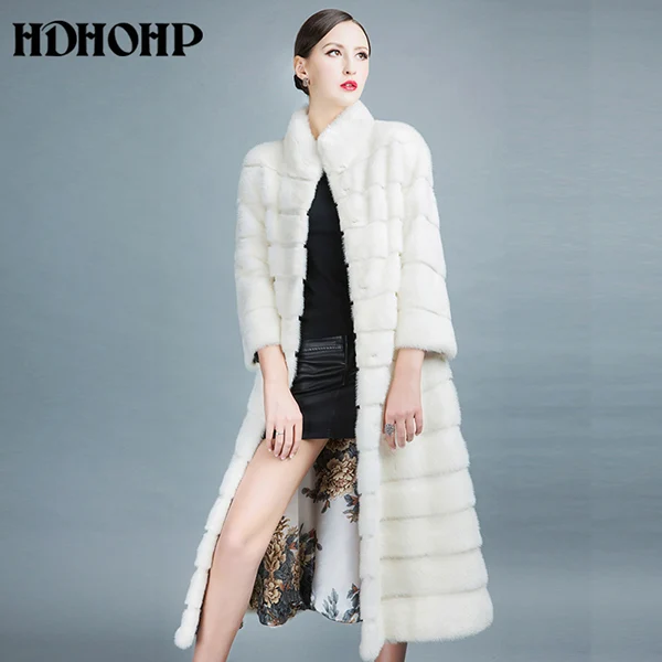 HDHOHP новые зимние пальто из натурального меха с длинной юбкой женские шубы из натуральной белой норки модные тонкие теплые меховые куртки Feamle - Цвет: Белый
