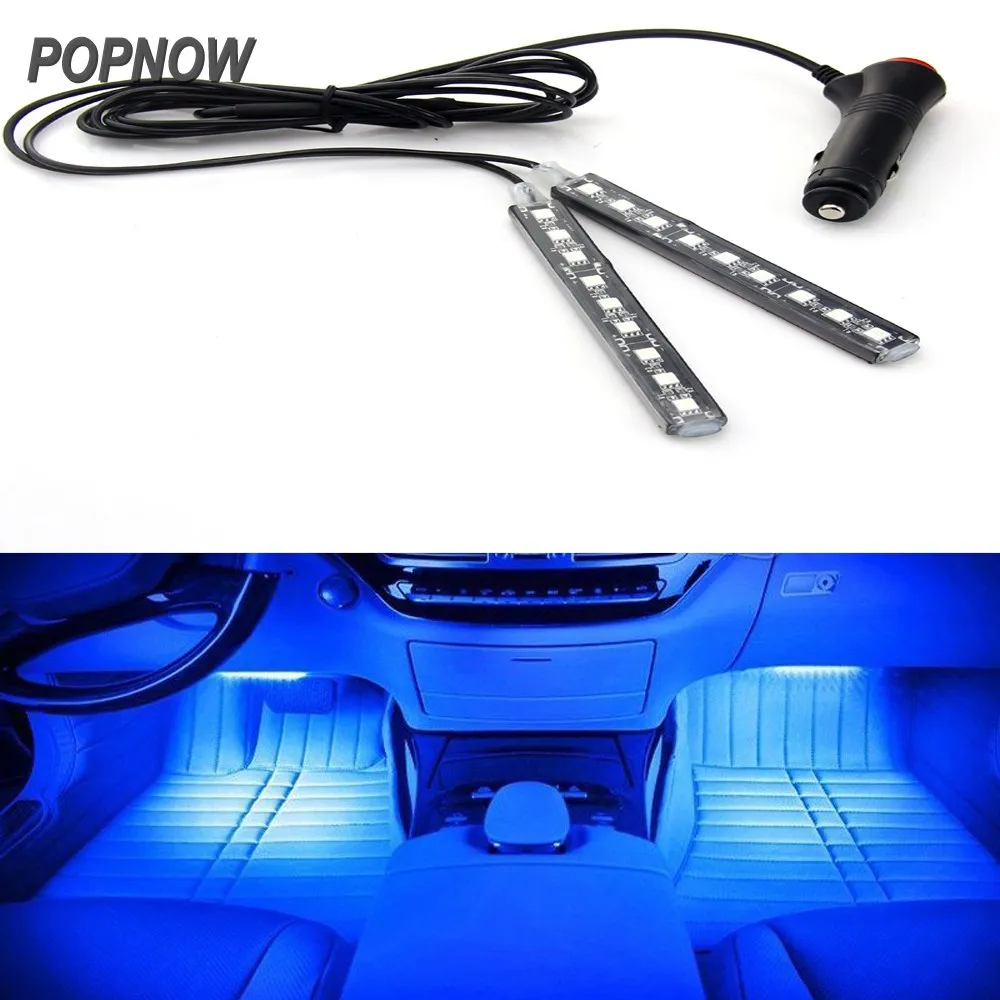 2 Strip 9 LED Lights For Auto Car Interior Lighting Atmosphere Lamp Blue Beam Footwell Floor
