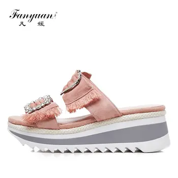 

Fanyuan Wedge Heels Summer Slippers Suede Leather Crystal Slides Women Platform Sandals Flip Flops Casual Shoes Woman sandalie