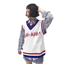 Вязание Женская одежда Осень Корея ulzzang Повседневное консервативный стиль со вставками в полоску письмо v-образным вырезом без рукавов жилет Свитера