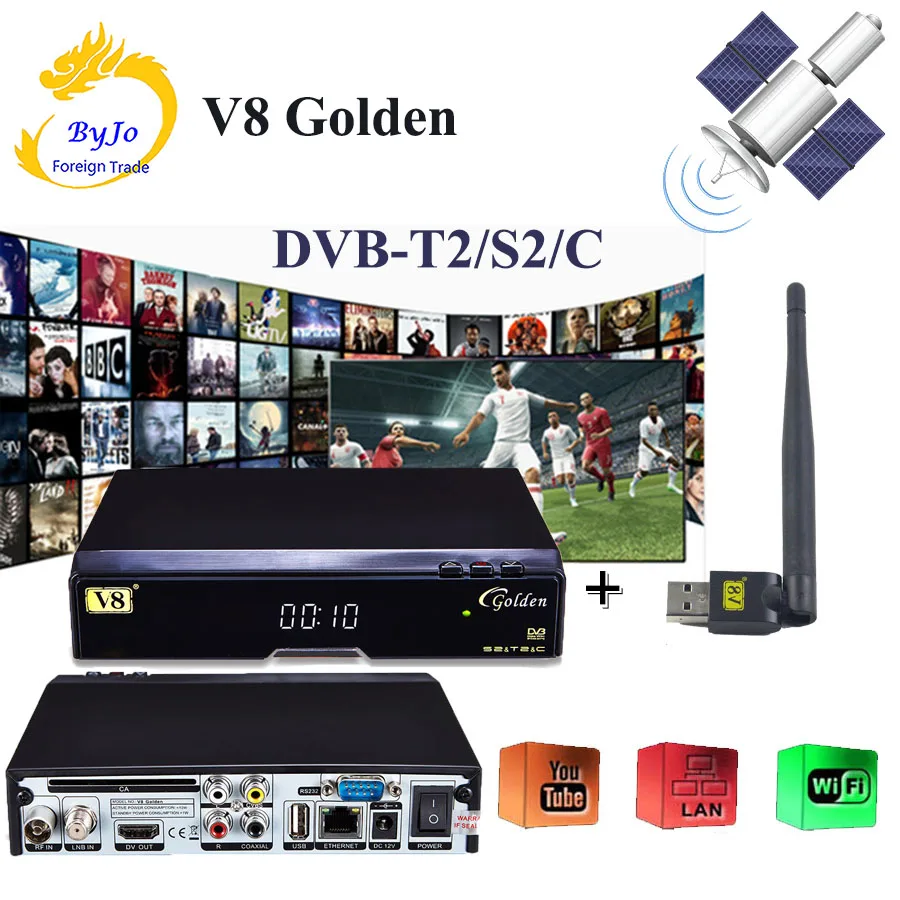 V8 Golden DVB S2 DVB T2 DVB C Support Powervu IPTV Cccam Cline+1 usb ...