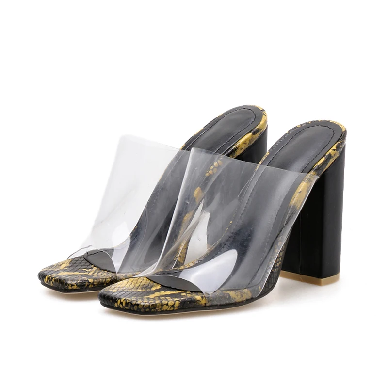 Новые женские босоножки; Модные прозрачные босоножки из ПВХ с квадратным носком; пикантные туфли-лодочки на толстом каблуке; женские желтые шлепанцы с принтом змеи; туфли-лодочки - Цвет: Black